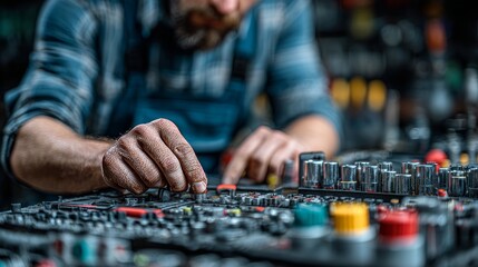 Fototapeta premium Skilled Technician Adjusting Equipment on a Sophisticated Service Console