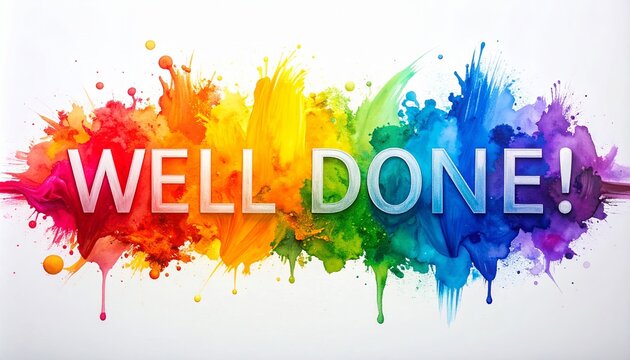 The word &ldquo;WELL DONE!&rdquo; colorful spectrum paint brush strokes on a clean white background