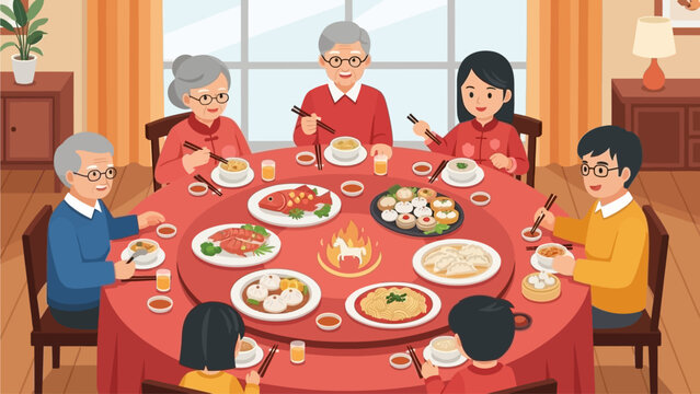 Illustration of a multi-generation Asian family having reunion dinner during Lunar New Year celebration. Family members sitting around a round table with traditional Chinese dishes.
