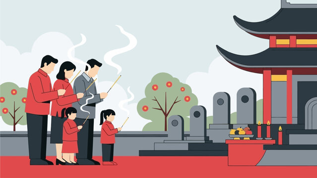 A serene flat design illustration depicting a family honoring ancestors at a temple or grave during Lunar New Year. This clean, modern vector reflects the respectful traditions of the holiday.
