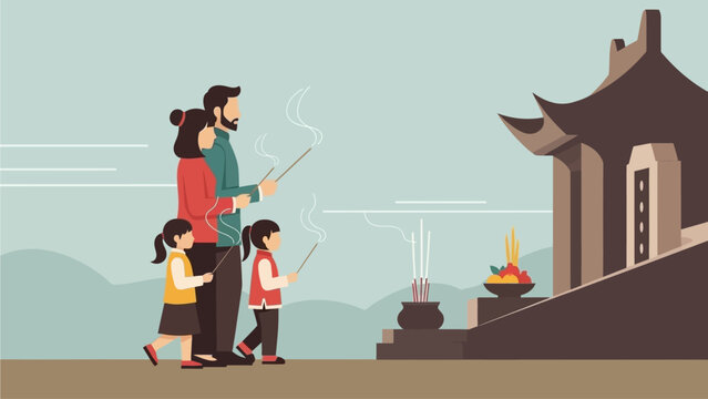 A serene flat design illustration depicting a family honoring ancestors at a temple or grave during Lunar New Year. This clean, modern vector reflects the respectful traditions of the holiday.
