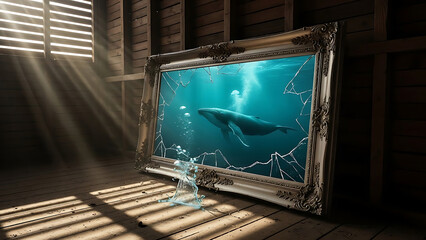 whale breaching out of broken picture frame into rustic wooden room a surreal environmental concept for compelling visual storytelling.