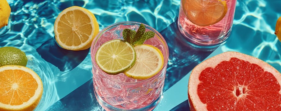 Bright Poolside Flatlay of Refreshing Drinks with Citrus Fruits and Water Reflection