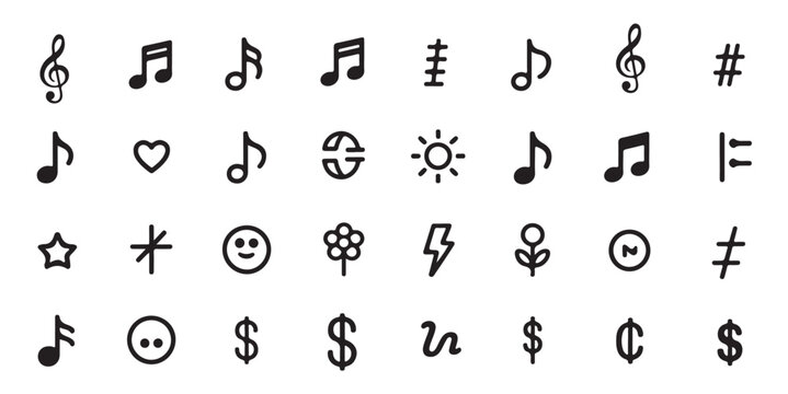 Set of black and white musical symbols heart note sign smiley star sun flower and dollar