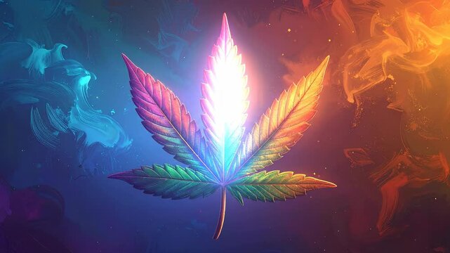 Colorful cbis leaf illustration with vibrant hues against a dark, swirling background.