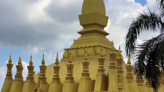 Pha That Luang Stupa is a famous landmark in Vientiane, Laos. Asia. Golden Stupa. Buddhist religious structure. Residence of the Lao Buddhist Patriarch. 4K