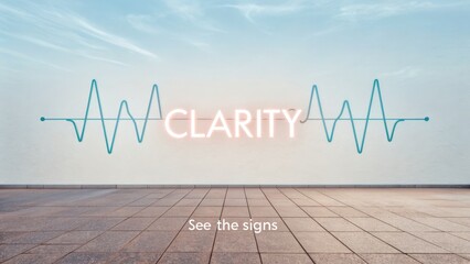 Inspirational neon sign spelling clarity on a textured surface with blue sky in the background for motivation or wellness