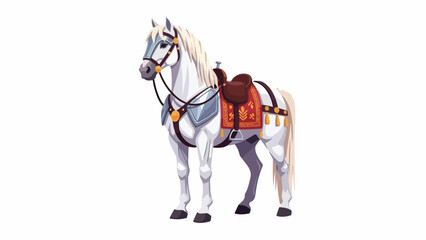 A white horse with a saddle and bridle standing against a plain white background with a cartoonish style and vibrant colors.