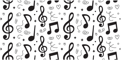 Seamless pattern music notes hand drawn doodle clef symbols black white vector wallpaper set