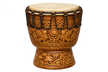 Djembe drum with intricate carved details representing mythical birds, sun, huts, and palm trees, cultural percussion instrument