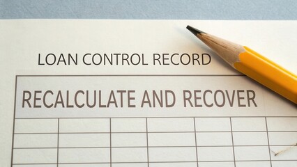 Loan Control Record Document with Recalculate and Recover Text and Yellow Pencil for Financial Analysis