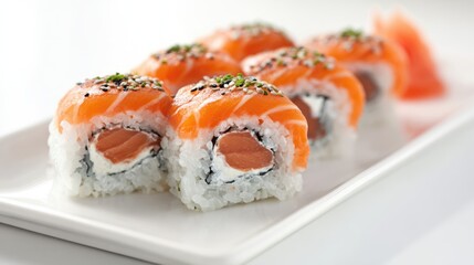 Sushi rolls with salmon and sesame seeds on white plate. Traditional Japanese cuisine