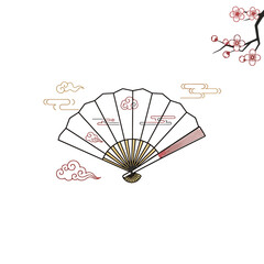Traditional Handheld Folding Fan With Asian Cloud Motifs Displayed With Cherry Blossom Branch Decoration