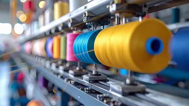 Colorful spools of thread lined up on a textile manufacturing machine.
