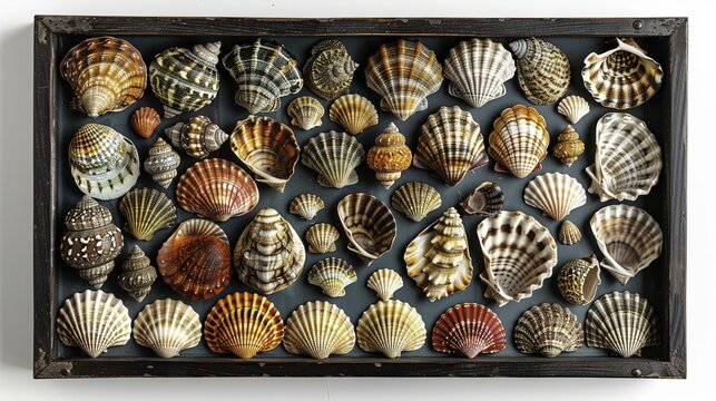 Collection of various seashells displayed in a wooden frame