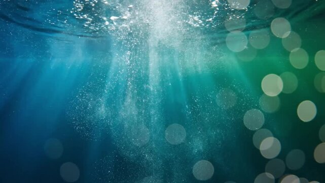 Upward drift in teal underwater light well &ndash; cinematic blue-green particle background for ocean, eco, spa and wellness visuals
