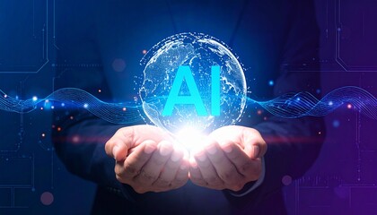 Cupped hands holding a luminous, digitally networked sphere with an "AI" symbol, representing the future of artificial intelligence, global connectivity, and technological innovation