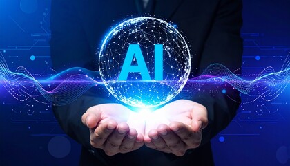 Cupped hands cradle a radiant digital sphere embodying artificial intelligence, symbolizing technological innovation, data network evolution, and the future of smart systems