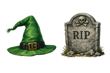 Halloween witch hat and tombstone with skull and rip text creating spooky graveyard atmosphere