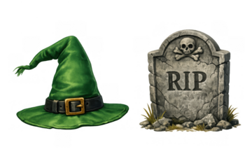 Halloween witch hat and tombstone with skull and rip text creating spooky graveyard atmosphere