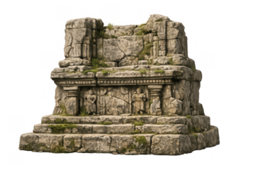 Stone altar ruin with cracks and moss, featuring carved figures and steps, representing history and ancient cultures