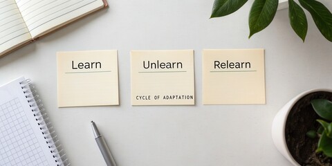 Sticky notes on desk promoting learn, unlearn, and relearn concepts for personal growth and continuous education strategies