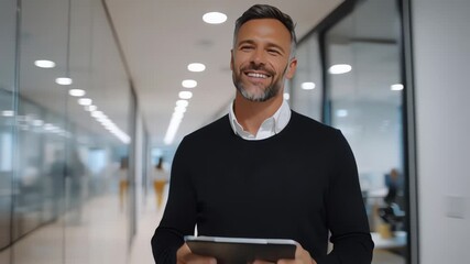 Smiling young businessman holding a tablet standing in a modern office hallway with glass walls and warm lighting.