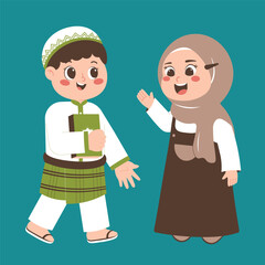 A cute cartoon illustration of a Muslim boy holding a book and a Muslim girl waving, both smiling happily in traditional attire.