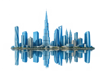 Dubai downtown skyline with modern skyscrapers and iconic tower reflecting on water, transparent background