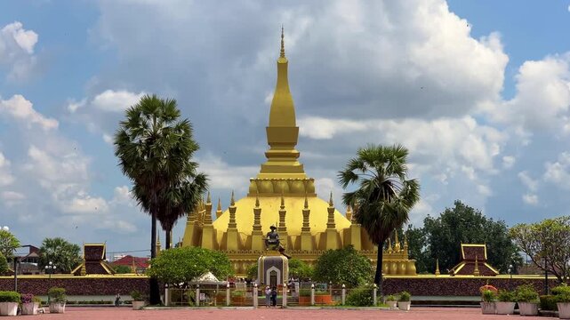 Pha That Luang Stupa is a famous landmark in Vientiane, Laos. Asia. Golden Stupa. Buddhist religious structure. Residence of the Lao Buddhist Patriarch. 4K