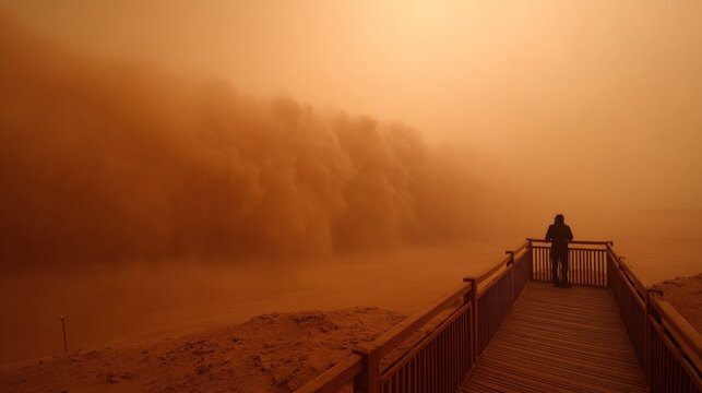 Duststorm obscures landscape with lone figure