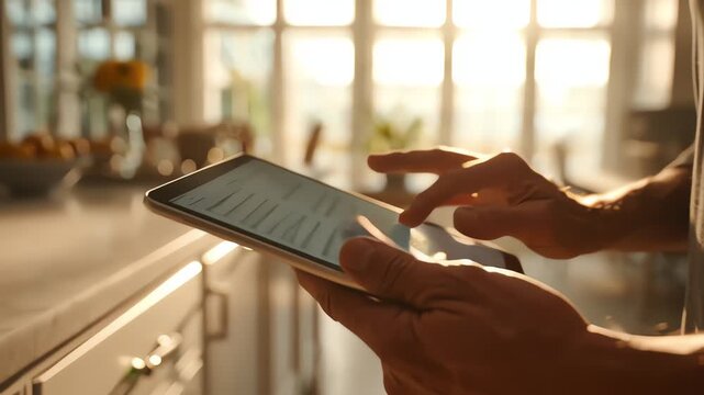 Close-up of hands holding and interacting with a smartphone in a bright kitchen with natural light.