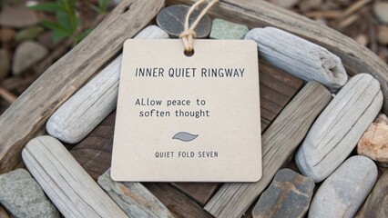 Inner Quiet Ringway Tag with Inspirational Message on Natural Stones and Wood Background for Mindfulness and Meditation