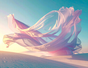 Ethereal surreal landscape of flowing translucent pink silk fabric dancing over white sand dunes under a soft blue sky