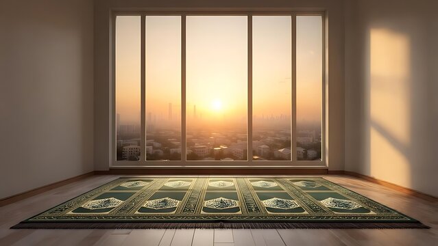 Interior shot of a room with a large window overlooking a cityscape at sunset. An ornate rug is on the wooden floor