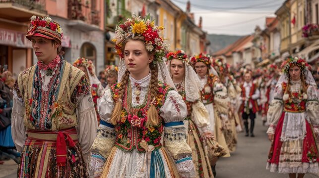 Traditional folk costumes parade street celebration
