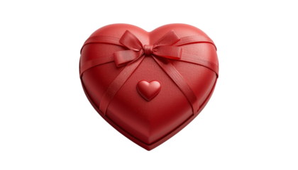A red heart-shaped gift box with a ribbon on transparent background