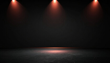 Dramatic red spotlight illuminating an empty dark concrete stage, perfect for showcasing products, virtual events, or theatrical design backdrops with copy space