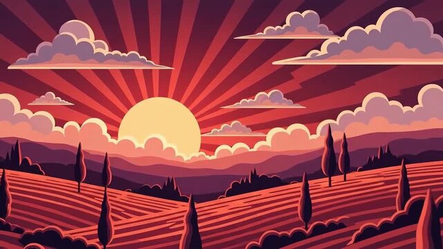 Scenic sunset over rolling hills with stylized trees and dramatic clouds.