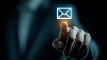 Professional hand reaching out to touch a glowing digital email icon, symbolizing communication and connection in the modern digital age.