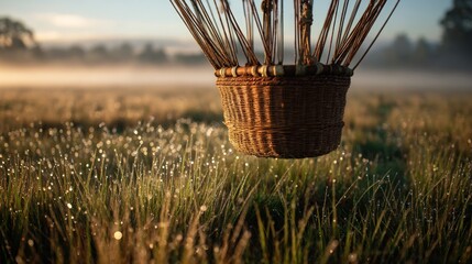 Hot air balloon over misty field