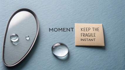 Reflection and Preservation of a Fleeting Moment with Drops of Water on Soft Blue Background