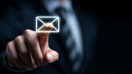 Professional businessman's hand interacting with glowing digital email icon for modern communication and connection