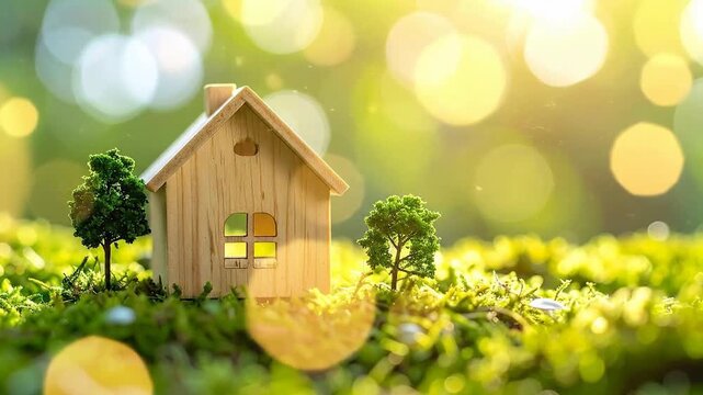 Miniature wooden house model nestled among vibrant green moss and bokeh lights.