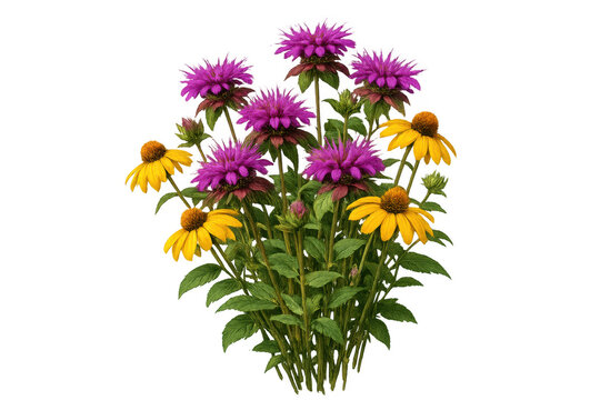 Wildflower bouquet featuring purple bee balm and yellow coneflowers, creating a vibrant floral arrangement with a transparent background