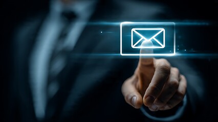 Professional hand touches glowing email icon on digital interface, symbolizing communication and connectivity in business