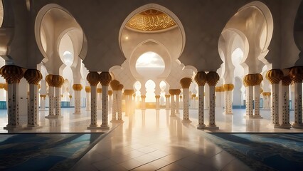 Interior view of a grand, white mosque with arched colonnades, gilded accents, and a sunlit vista