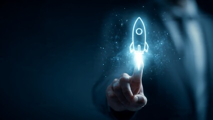 Confident businessman launches futuristic rocket icon with glowing digital effect, symbolizing innovation and startup success in a modern business environment.