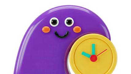 Happy purple character with a clock