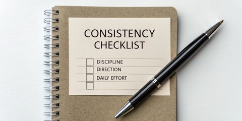 Consistency Checklist Notebook for Goal Setting and Personal Development with Pen on White Background